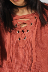 Rust Knit Lace Up Long Line Jumper - Cassie