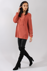 Rust Knit Lace Up Long Line Jumper - Cassie