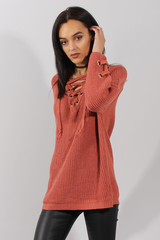 Rust Knit Lace Up Long Line Jumper - Cassie