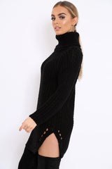 Black Chunky Knit Roll Neck Cut Out Hem Jumper Dress - Catalina