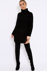 Black Chunky Knit Roll Neck Cut Out Hem Jumper Dress - Catalina