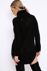 Black Chunky Knit Roll Neck Cut Out Hem Jumper Dress - Catalina