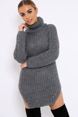 Grey Chunky Knit Roll Neck Cut Out Hem Jumper Dress - Catalina