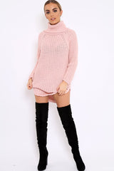 Rose Chunky Knit Roll Neck Cut Out Hem Jumper Dress - Catalina