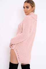 Rose Chunky Knit Roll Neck Cut Out Hem Jumper Dress - Catalina