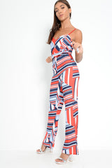 Red And Navy Blue Aztec Print Wide Leg Jumpsuit - Catelynn