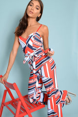 Red And Navy Blue Aztec Print Wide Leg Jumpsuit - Catelynn