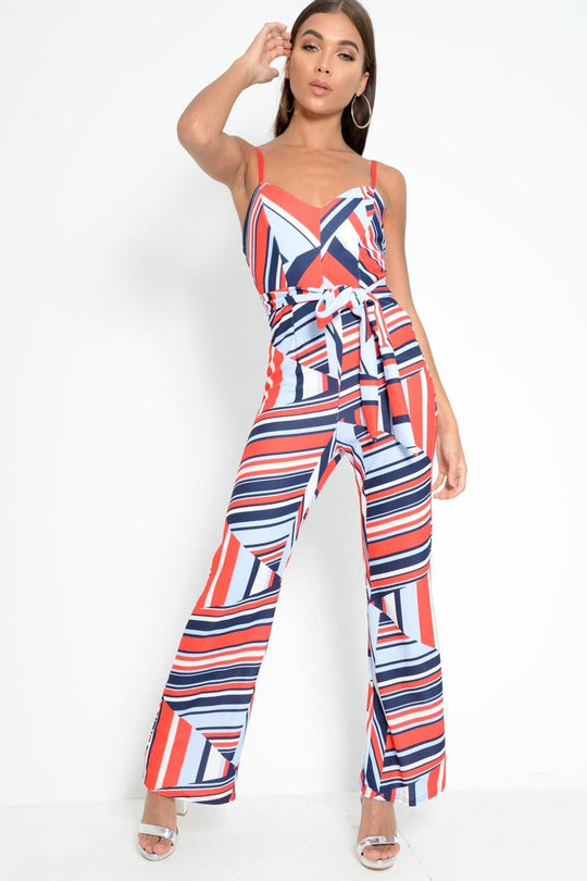 Red And Navy Blue Aztec Print Wide Leg Jumpsuit - Catelynn