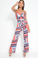 Red And Navy Blue Aztec Print Wide Leg Jumpsuit - Catelynn