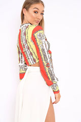 Yellow and Orange Slinky Tie Front Plunge Crop Top - Catie