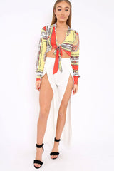 Yellow and Orange Slinky Tie Front Plunge Crop Top - Catie