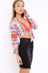 Pink and Red Slinky Tie Front Plunge Crop Top - Catie