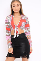 Pink and Red Slinky Tie Front Plunge Crop Top - Catie