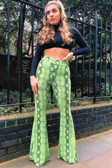 Neon Green Snake Print Flared Trousers - Mianna