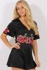 Black Short Sleeved Embroidered Playsuit - Carmen