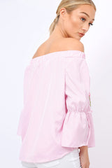 Pink Stripe Floral Embroidered Off Shoulder Top - CeCe