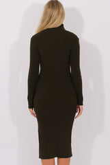 Khaki Turtleneck Knitted Maxi Dress - Cece