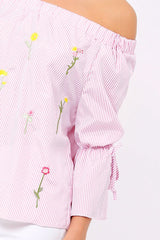Pink Stripe Floral Embroidered Off Shoulder Top - CeCe