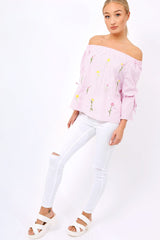 Pink Stripe Floral Embroidered Off Shoulder Top - CeCe