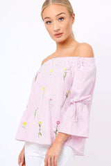 Pink Stripe Floral Embroidered Off Shoulder Top - CeCe