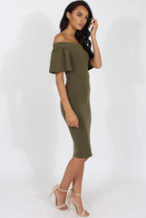 Khaki Bardot Bodycon Midi Dress - Cecilia
