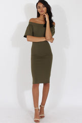 Khaki Bardot Bodycon Midi Dress - Cecilia
