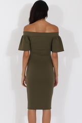 Khaki Bardot Bodycon Midi Dress - Cecilia