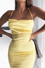 Yellow Satin Cowl Neck Midi Bodycon Dress - Liliana