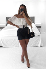 White Broderie Shirred Waist Bardot Top - Sophia