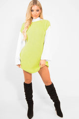 Lime And White Knitted High Neck Oversized Jumper - Cerina