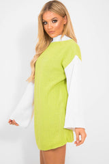 Lime And White Knitted High Neck Oversized Jumper - Cerina
