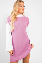 Pink And White Knitted High Neck Oversized Jumper - Cerina