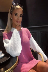 Pink And White Knitted High Neck Oversized Jumper - Cerina
