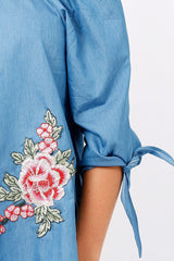Denim Bardot Floral Embroidered Top - Cerise