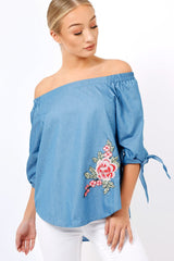 Denim Bardot Floral Embroidered Top - Cerise