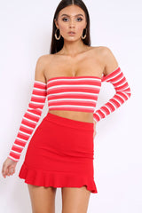Red Striped Lace Up Back Crop Top - Cerys