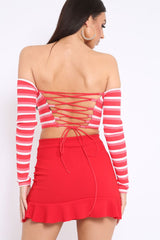 Red Striped Lace Up Back Crop Top - Cerys