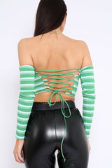 Green Striped Lace Up Front Crop Top - Cerys
