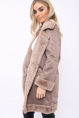 Camel Long Faux Shearling Coat - Chai