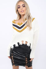 White Extreme Frayed Contrast Trim Jumper - Chancey