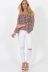 Burgundy, Beige and Navy Pattern Bardot Three Quarter Bell Sleeve Crop- Chantelle