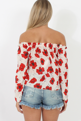 White and Red Floral Bardot Three Quarter Bell Sleeve Crop- Chantelle