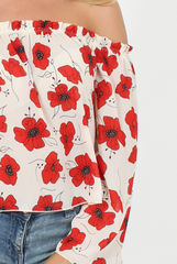 White and Red Floral Bardot Three Quarter Bell Sleeve Crop- Chantelle