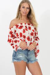White and Red Floral Bardot Three Quarter Bell Sleeve Crop- Chantelle