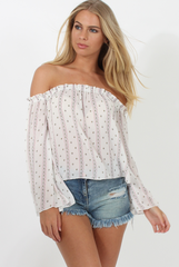 White Pattern Bardot Three Quarter Bell Sleeve Crop- Chantelle