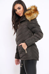 Charcoal Padded Coat With Faux Fur Trim Hood - Jocelyn
