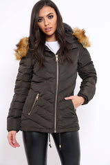 Charcoal Padded Coat With Faux Fur Trim Hood - Jocelyn