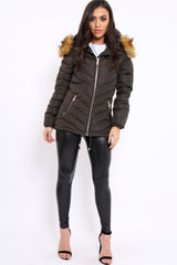 Charcoal Padded Coat With Faux Fur Trim Hood - Jocelyn