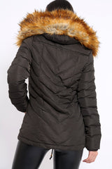 Charcoal Padded Coat With Faux Fur Trim Hood - Jocelyn