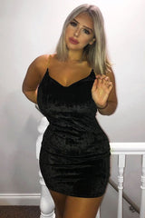 Black Velour Plunge Chain Strap Mini Dress - Frankie